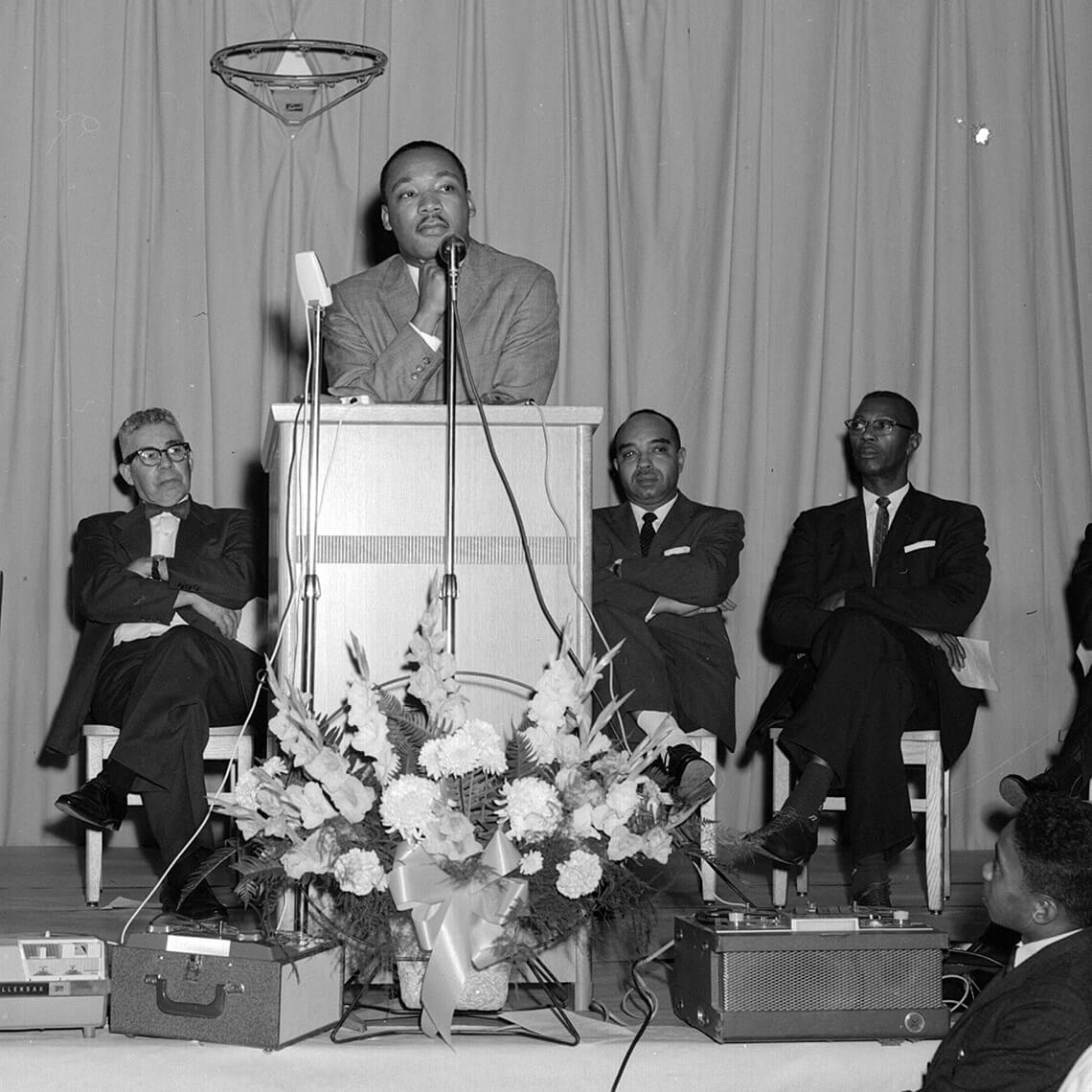 Martin Luther King Jr. addresses a crowd in Rocky Mount, North Carolina