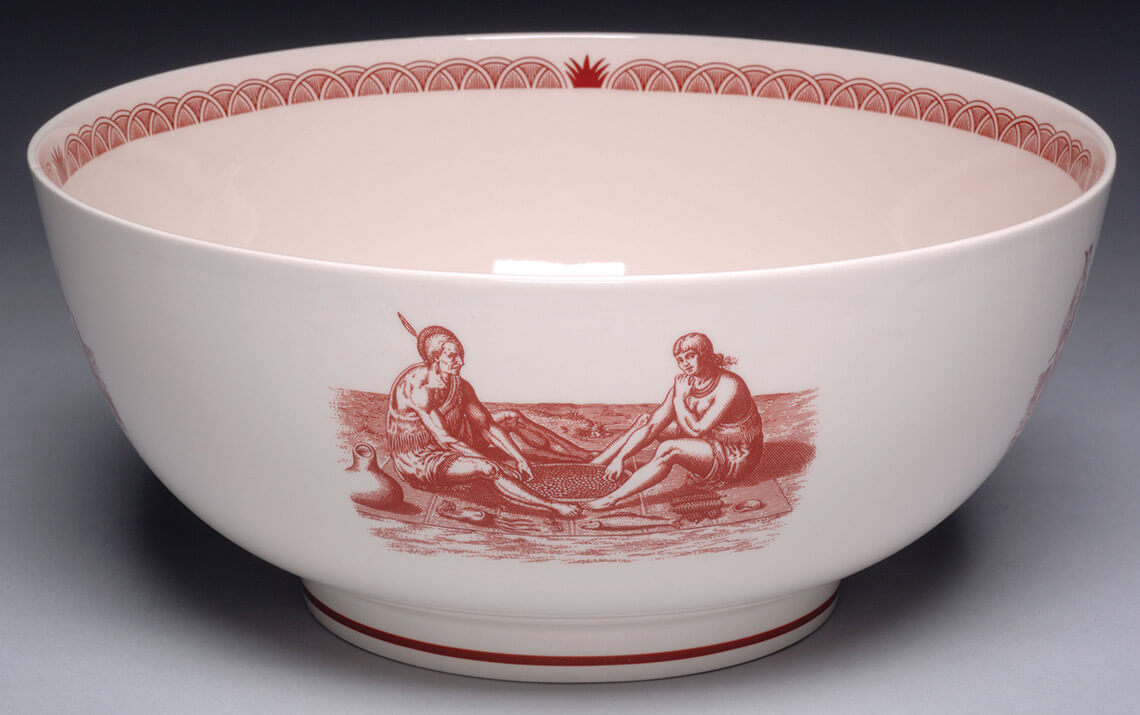 On clay sourced from the Cherokee Nation, this Wedgwood china bowl depicts native tribe members.