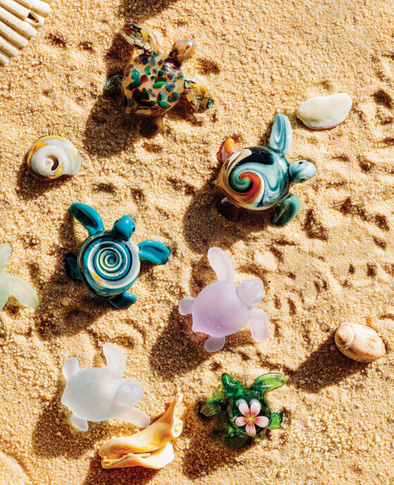 Jim Downey's glass sea turtles in the sand.