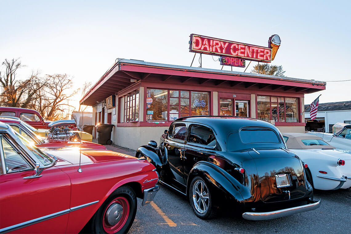 Classic model cars surround the Dairy Center in Mount Airy, NC