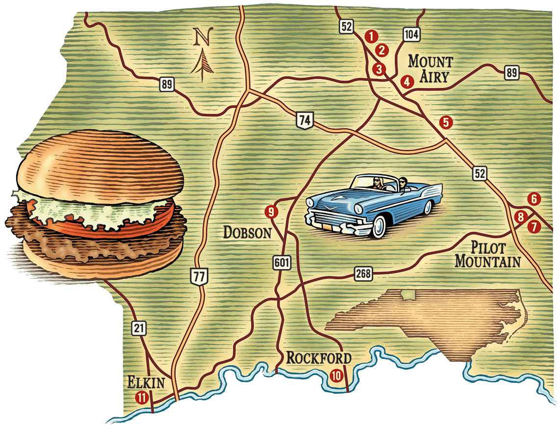 Map of the Ground Steak Sandwich Trail in Surry County, including Elkin, Dobson, Mount Airy, and Pilot Mountain