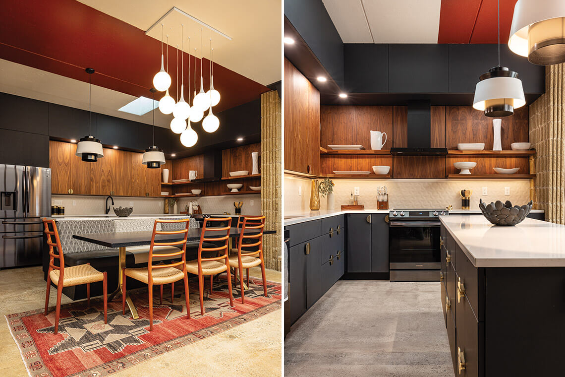 Earthy elements accent the dining area and kitchen in The Hobbitat