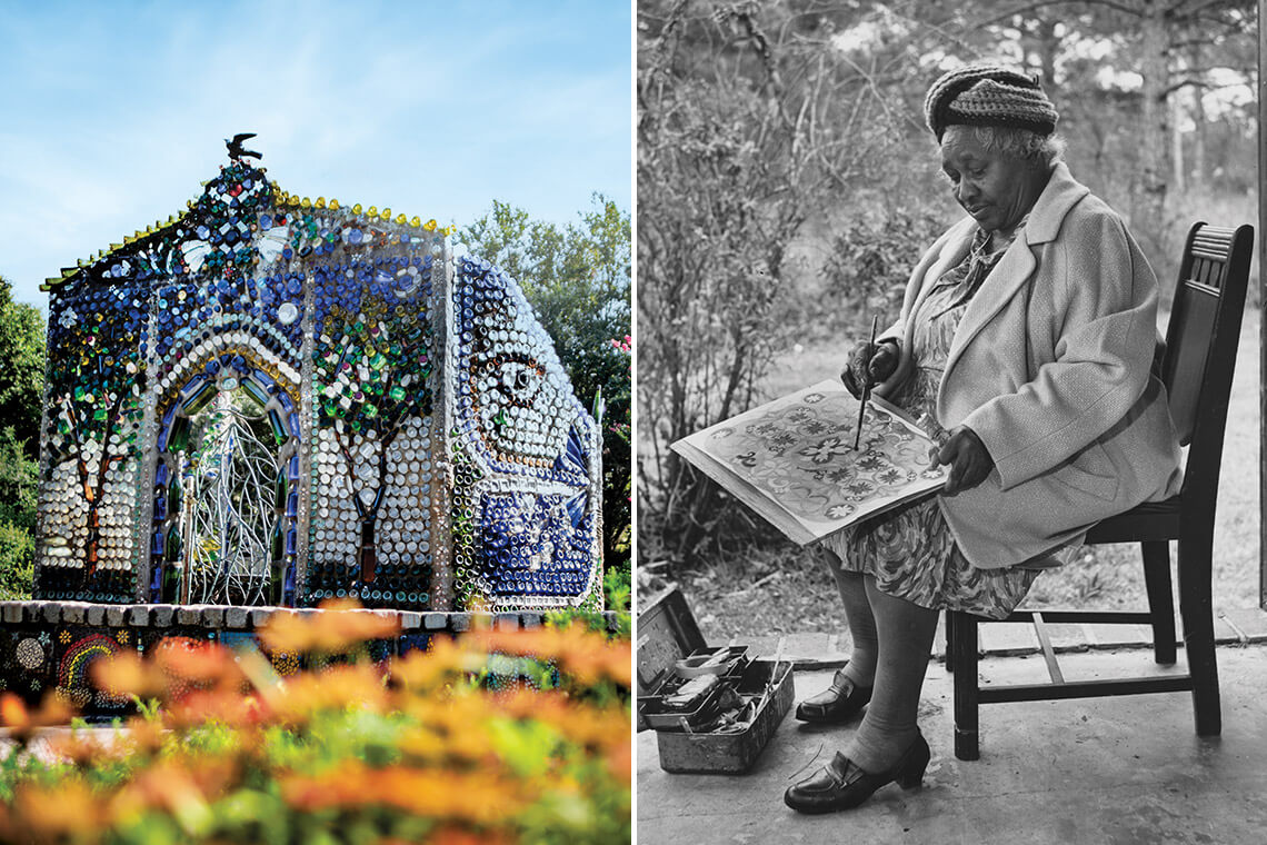 The Bottle Chapel at Airlie Gardens, dedicated to Minnie Evans; Minnie Evans painting in the garden.