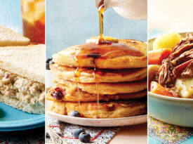 Chicken salad sandwiches, pancakes, and pot roast