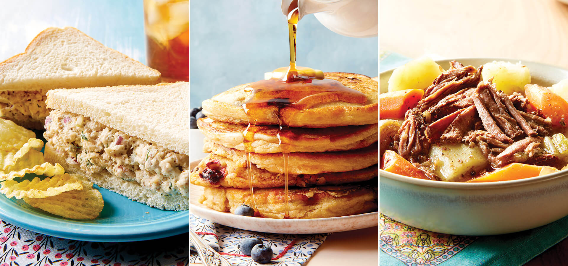 Chicken salad sandwiches, pancakes, and pot roast