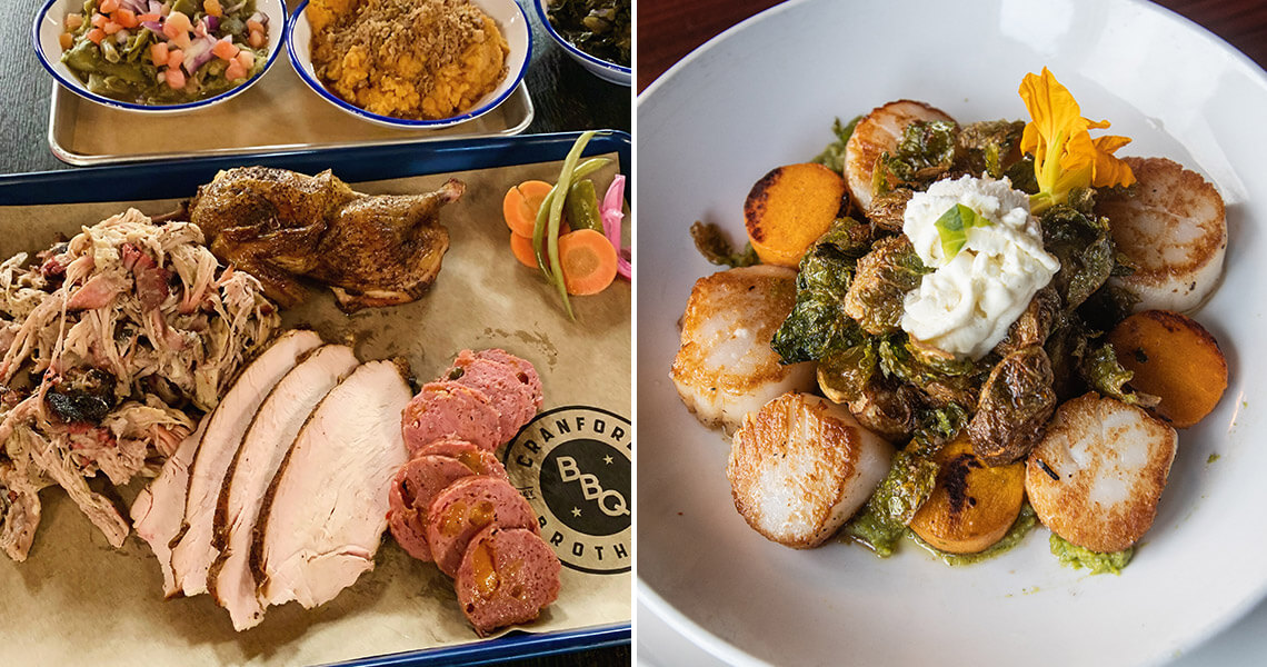 Smoked meats and sides from Cranford Brothers BBQ in Hickory, NC; plate of scallops and vegetables at FOURK in Hickory, NC