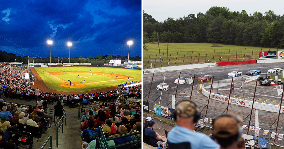 Baseball game at Hickory Crawdads stadium; Hickory Speedway in Hickory, NC