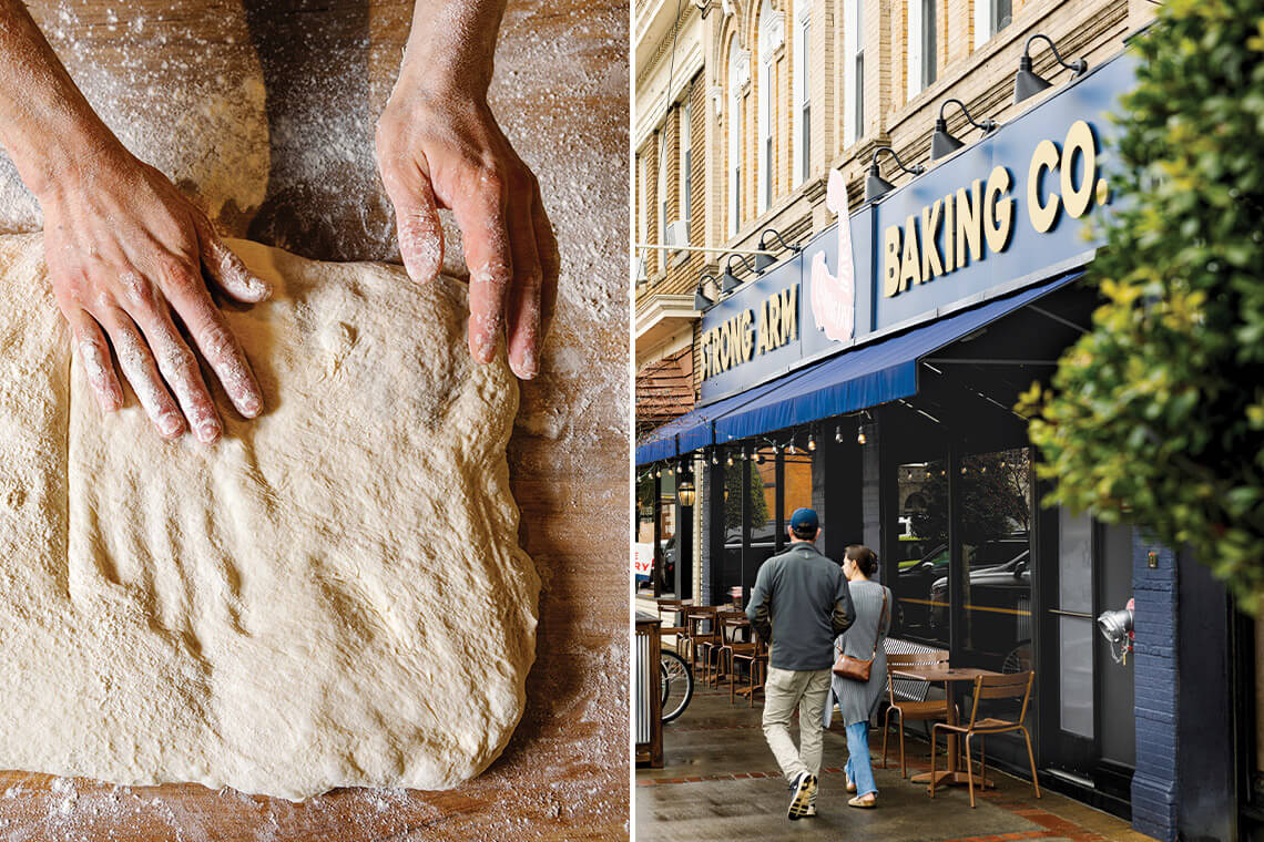 Hands shape dough; outside of Strong Arm Baking Co. in Oxford, NC