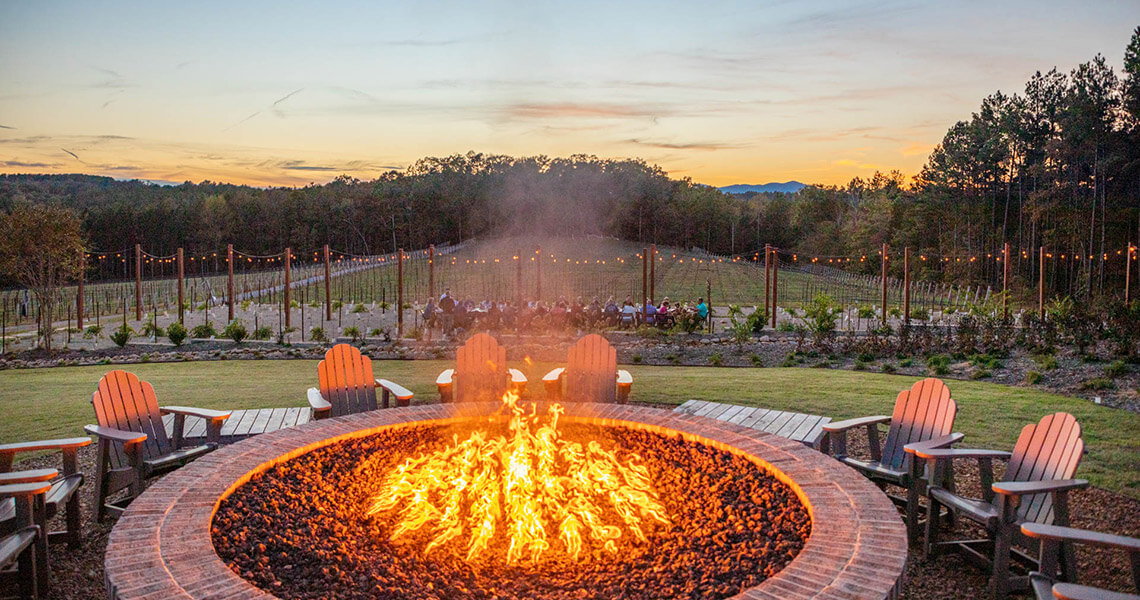 The outdoor fire pit and chairs at Mountain Brook Vineyards