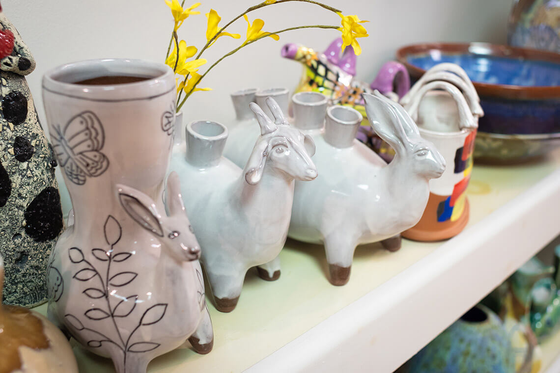 Hand-crafted ceramic animals made and sold at Wilkes Art Gallery. 