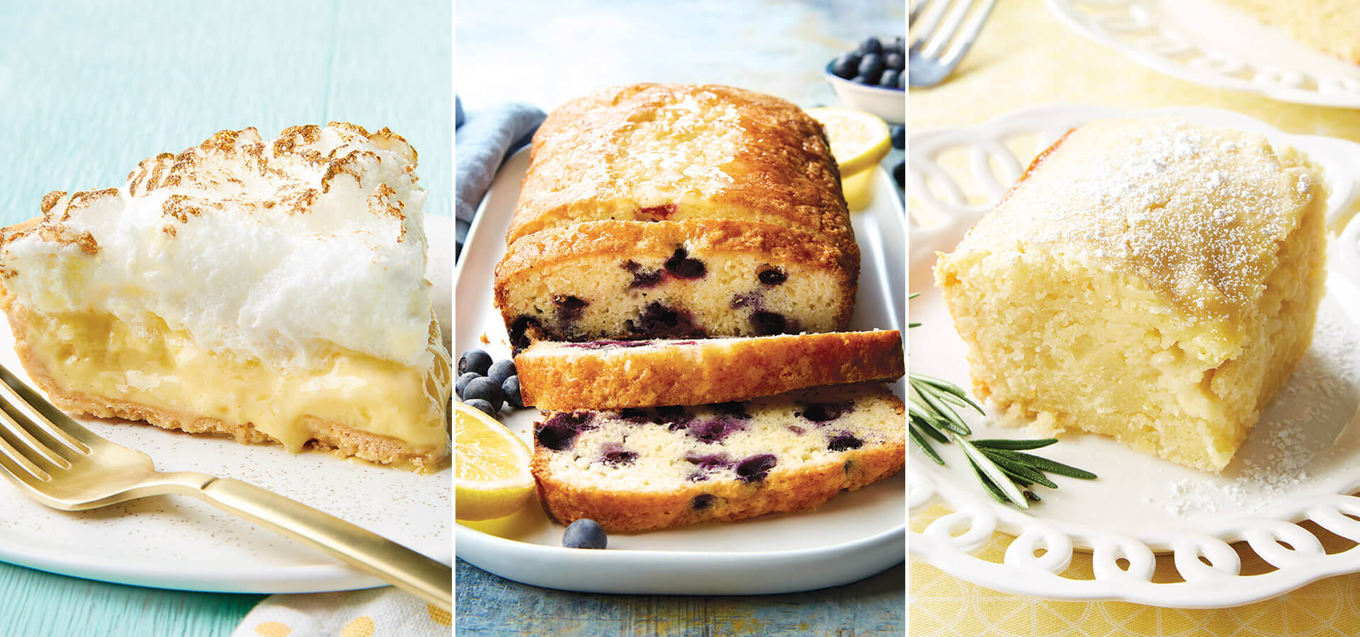 Lemon meringue pie, lemon blueberry loaf, and lemon cornmeal cake