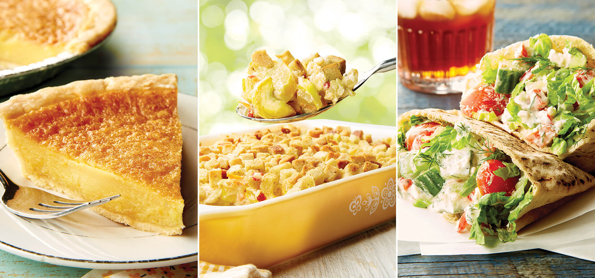 Vinegar pie, squash casserole, and cucumber-stuffed pitas.