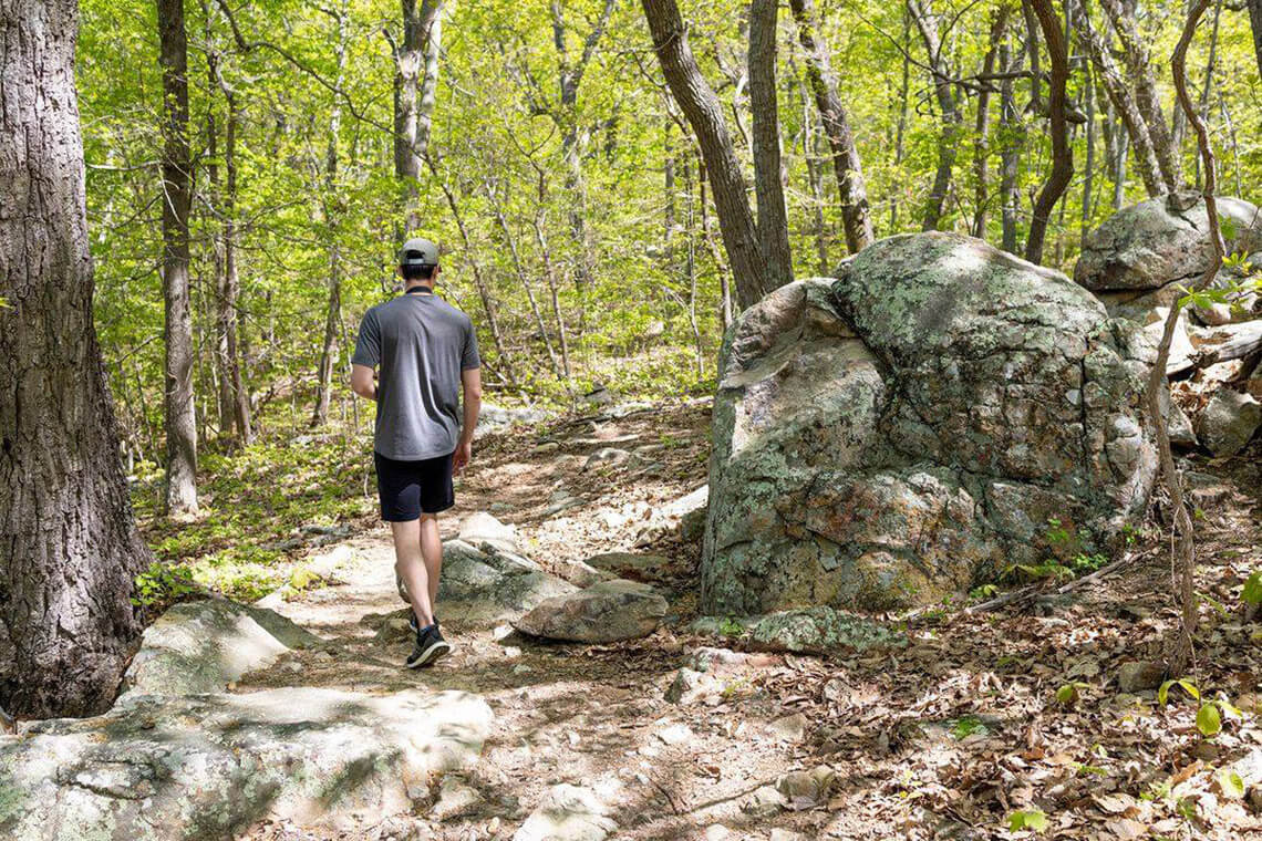 Man hikes along the trail in Cane Creek Mountain Natural Area in Alamance County, NC
