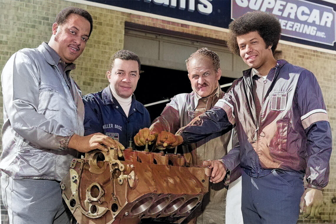 Early members of the Black American Racers Association, which was formed in 1972: (left to right) Malcolm Durham, Leonard W. Miller, Wendell Scott, and Ronald Hines.