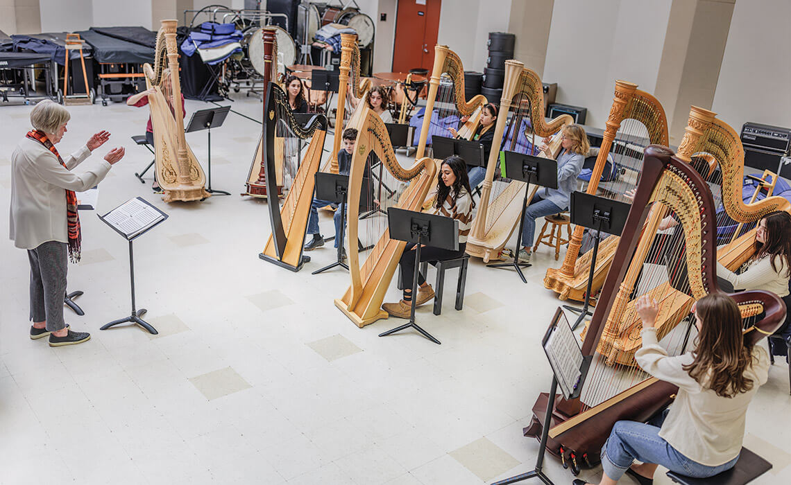 Members of the NC Harp Ensemble in rehearsal. 