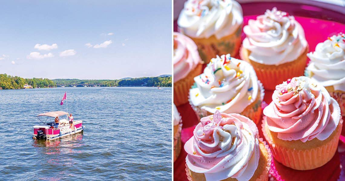 Make Mia Cake pontoon boat on Lake Tillery; assorted cupcakes.