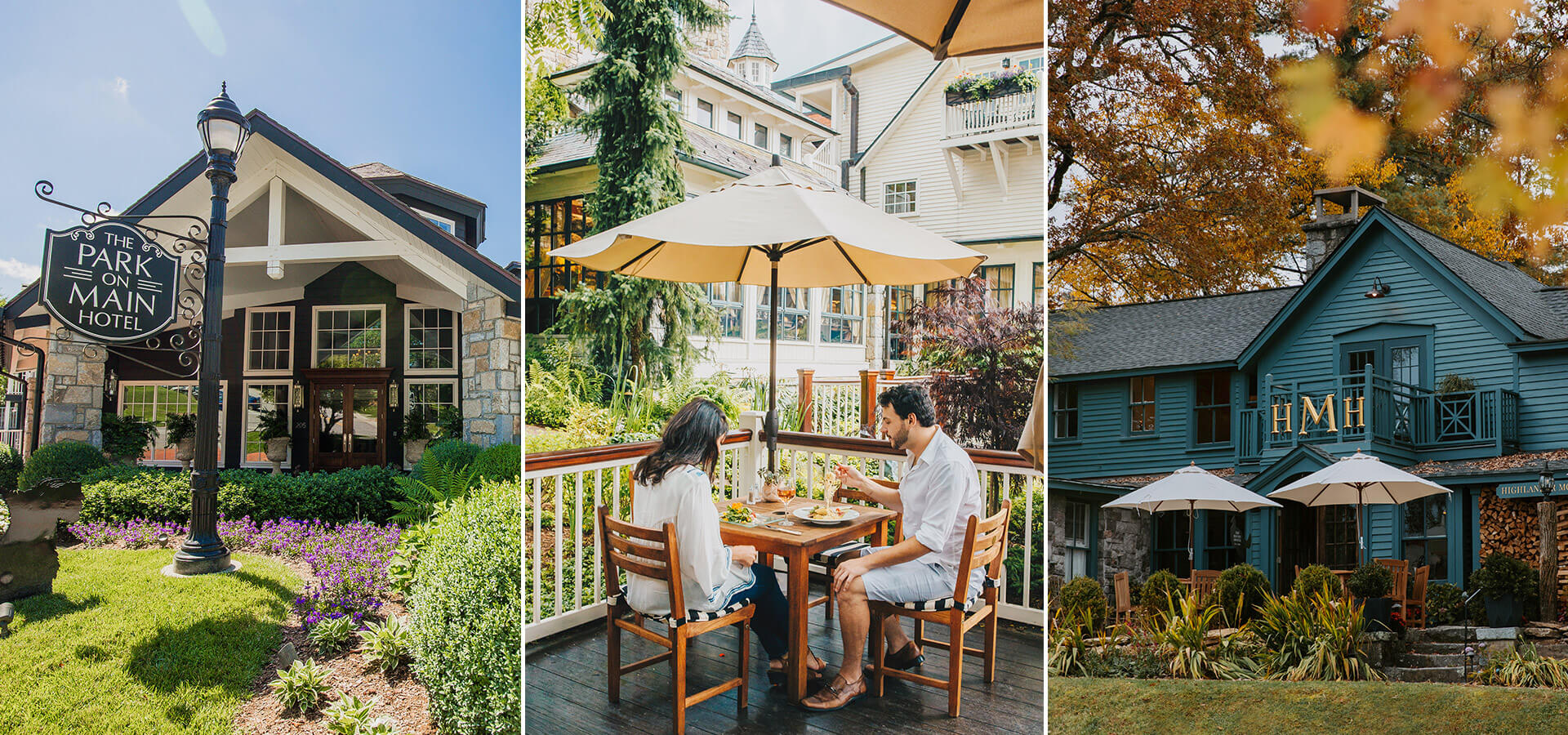 The Park on Main Hotel, diners at Madison's Wine Garden, and Highlands Mountain House in Highlands, NC
