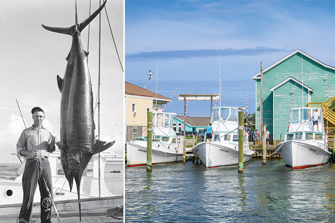 Ernal Foster and an 810-pound marlin in 1952; the Albatross fleet at the marina in present day.