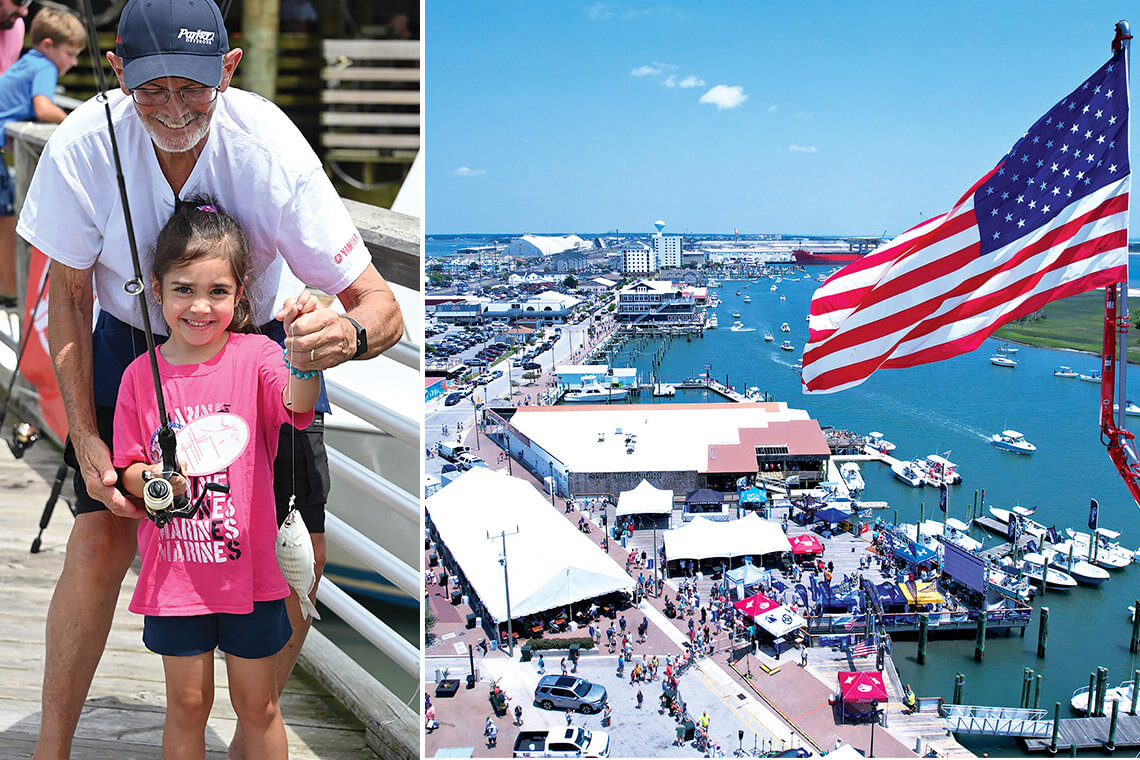 Little girl and grandfather hold up a fish