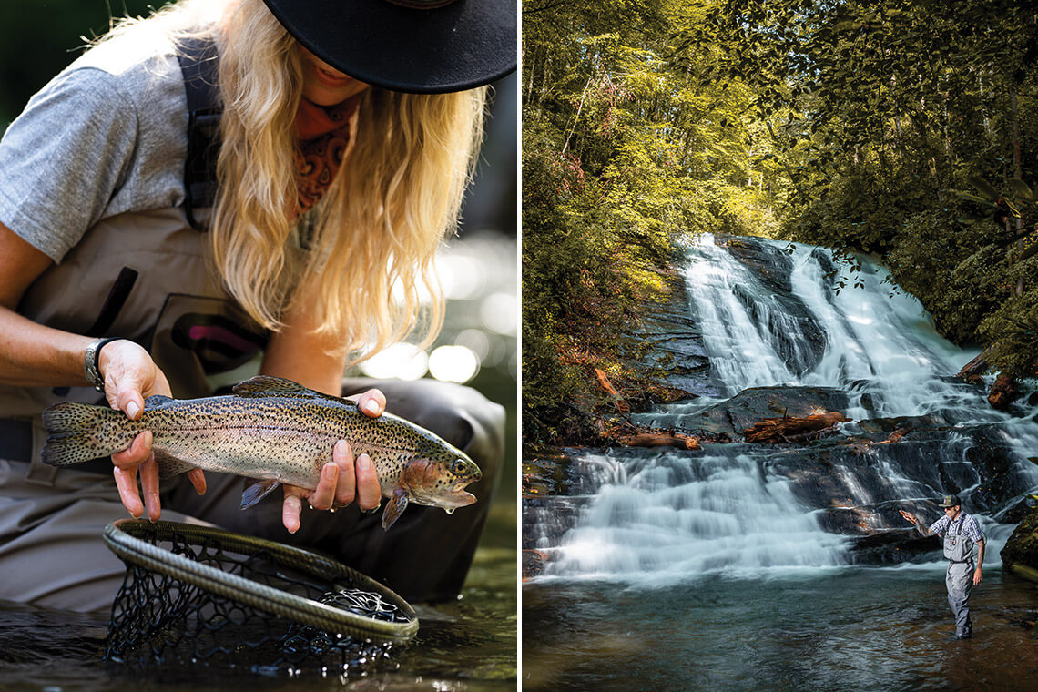 Angler Mary Bradford holds a trout and Landon Lipke casts a line in western North Carolina's fishing scene