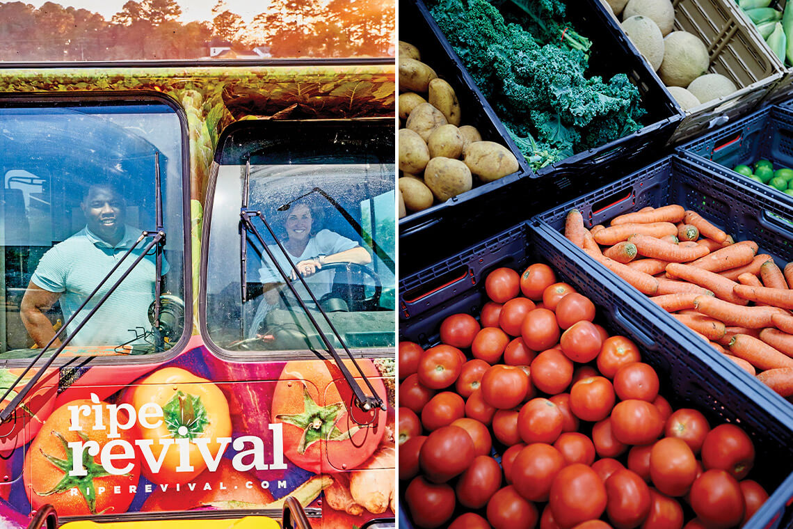 Ripe Revival Community Operations Manager Chris Pittman and Executive Community Director Kara Wright Cox in the mobile market bus. Bins of fresh tomatoes, potatoes, kale, and carrots