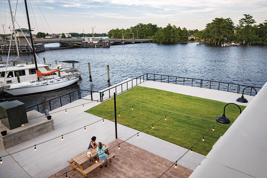 View of the Elizabeth City waterfront from on top of Seven Sounds Brewing.