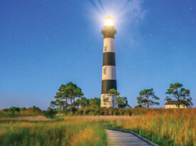 The Bodie Island Lighthouse shines at night