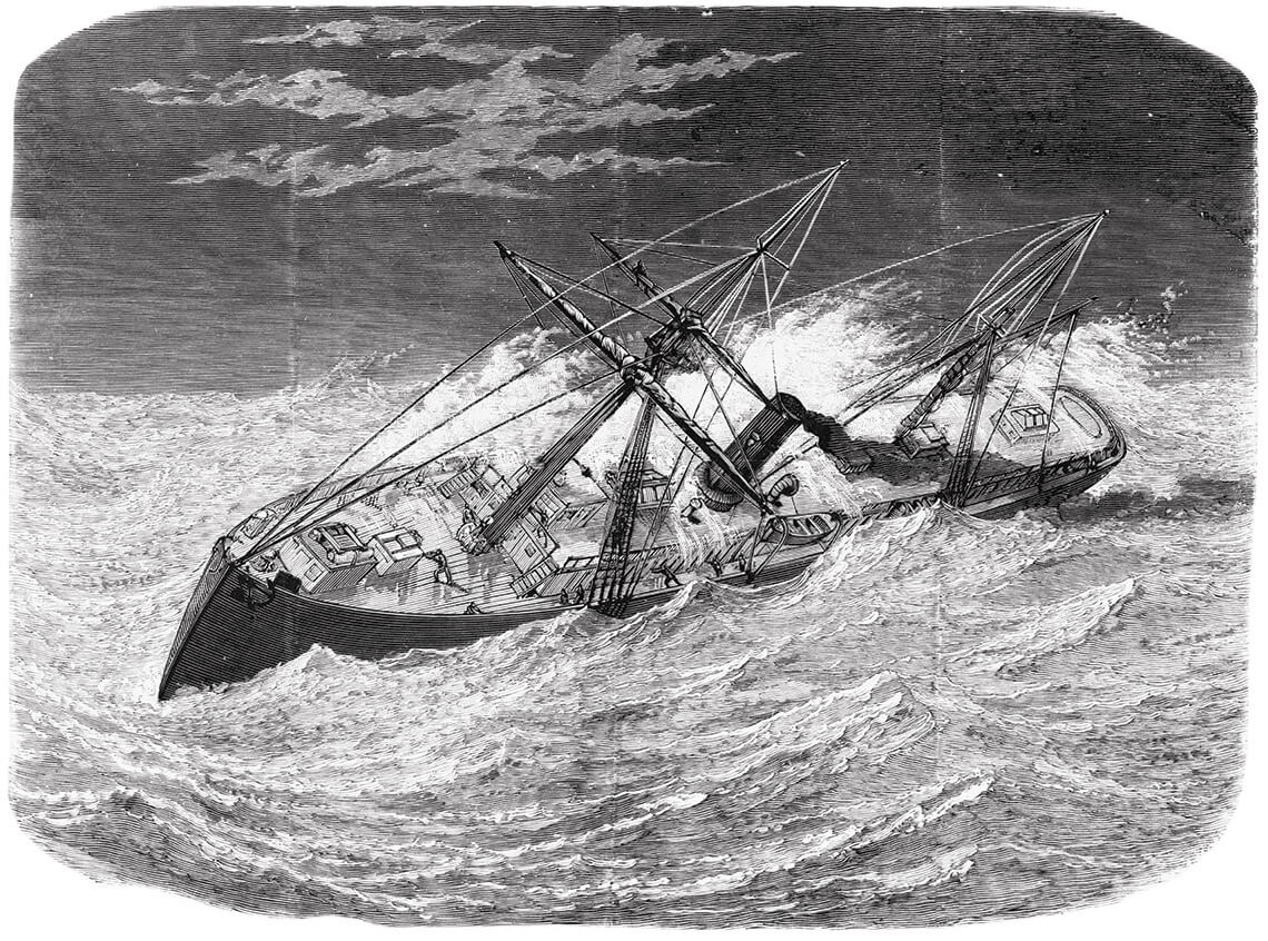 Black and white illustration of the Metropolis World War I ship lost at sea off the coast of Currituck