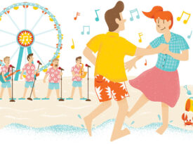 Illustration of couple shag dancing on the beach