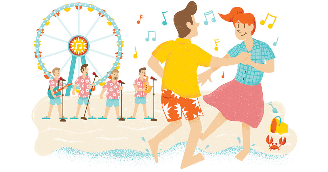 Illustration of couple shag dancing on the beach