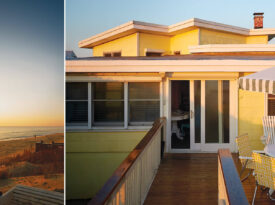 Yellow flat-top house known as Gypsea Rose, and beach in the backyard