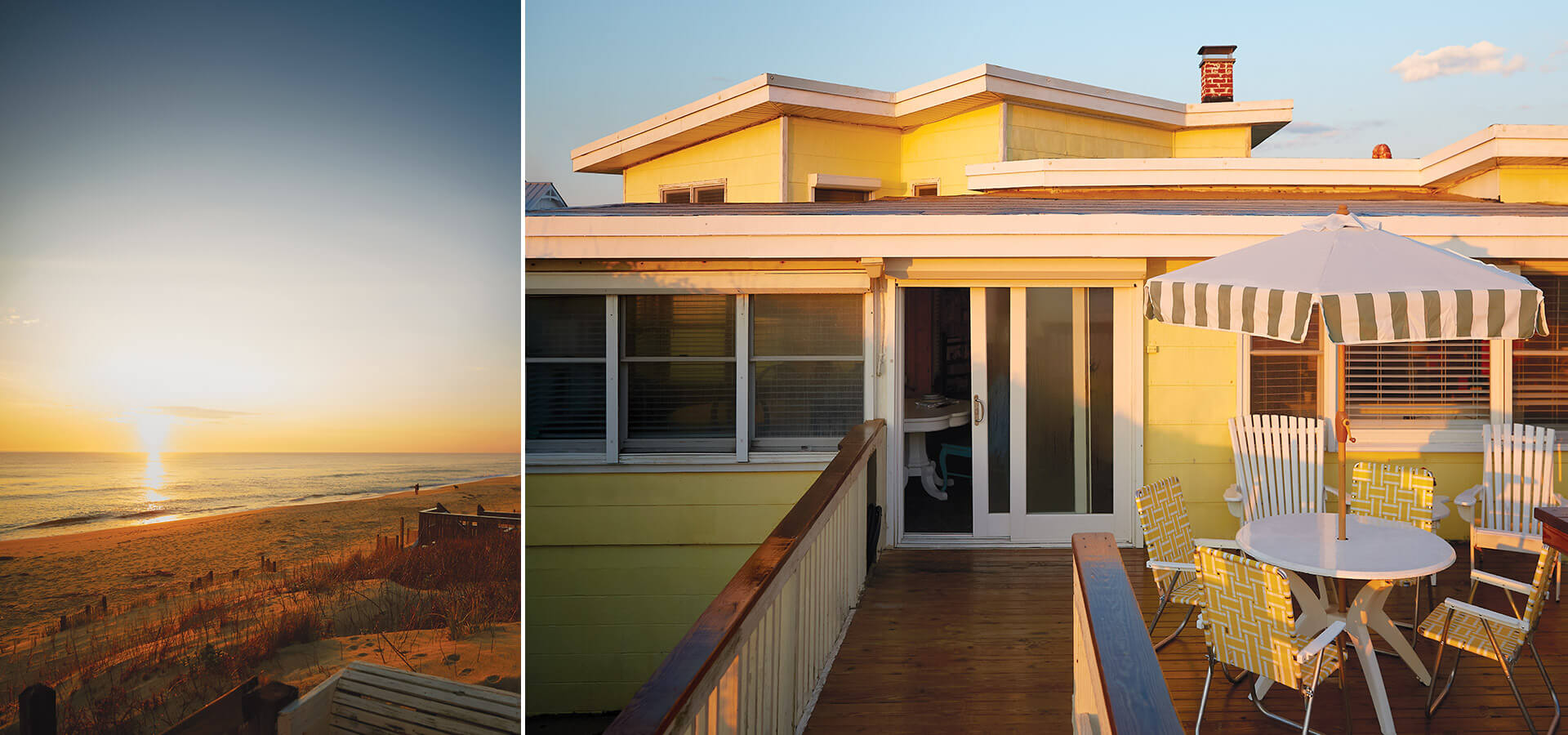 Yellow flat-top house known as Gypsea Rose, and beach in the backyard