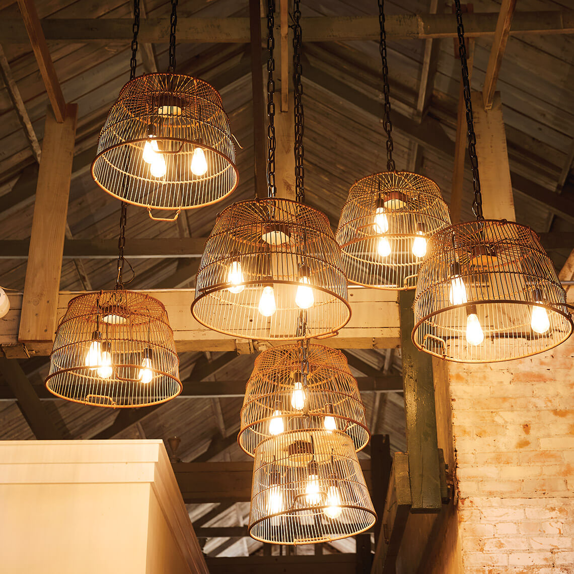 Herring basket lights hanging in Herringbone on the Waterfront