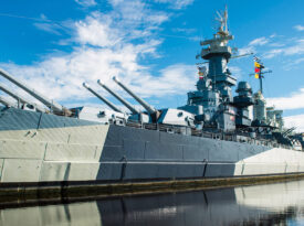 The Battleship North Carolina sits in the Battleship Park