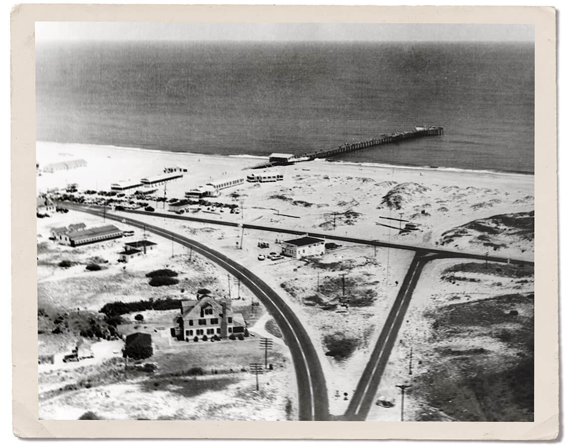 Overhead view of Whalebone Junction in the 1950 where US Route 64 intersects with US Highway 158 and NC Highway 12