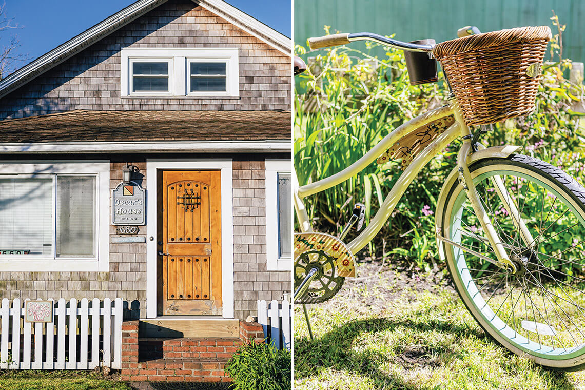 Front door of Oscar's House and bicycle with a basket