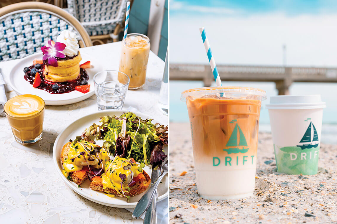 Plates of eggs benedict, berry pancakes, and coffee drinks from Drift in Wilmington