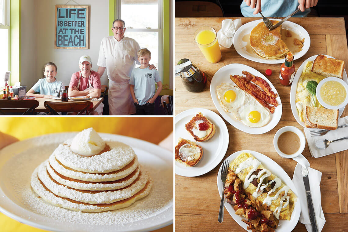 Family at Stack'em High, plate of pancakes, and a table with breakfast platters
