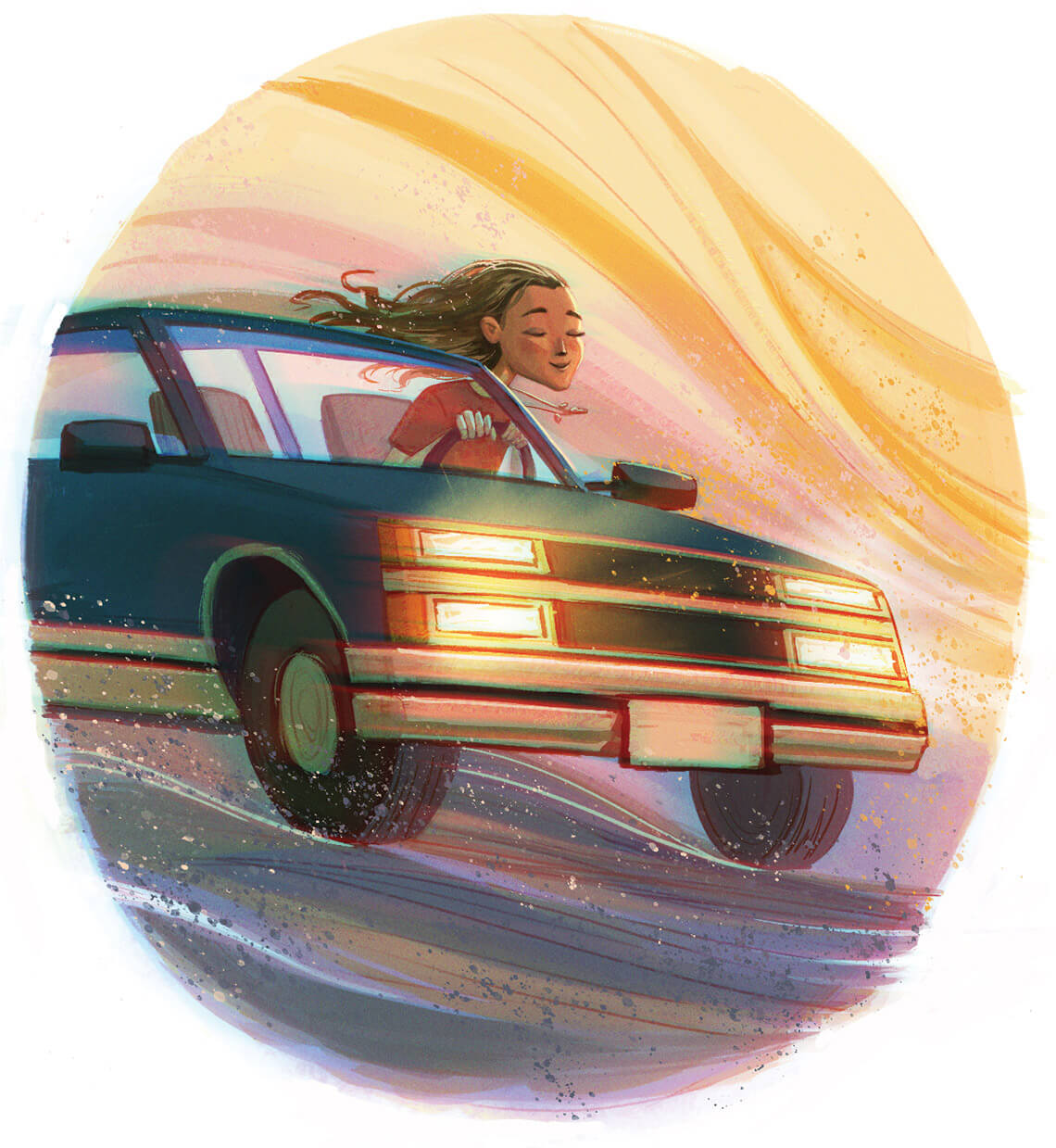 Cartoon of author's daughter driving truck on the beach
