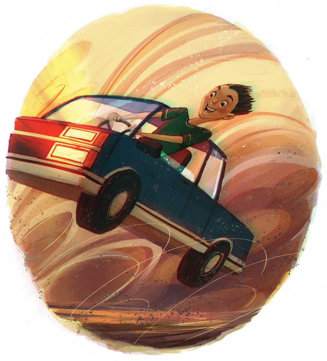 Cartoon of author's son driving on the beach