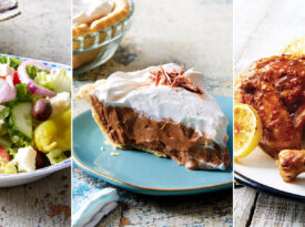 Greek salad, chocolate cream pie, and barbecue chicken thighs.
