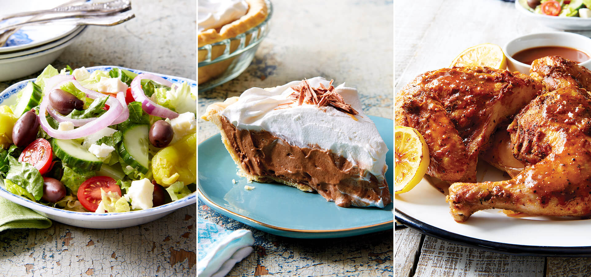 Greek salad, chocolate cream pie, and barbecue chicken thighs.