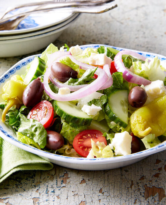 Platter of Greek salad with feta vinaigrette