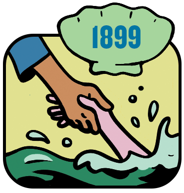 Cartoon of hand pulling another hand from the ocean, labeled 1899