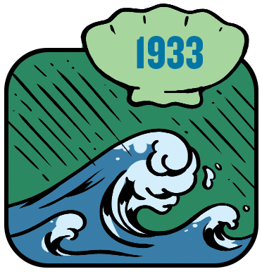 Cartoon of a cresting wave labeled 1933