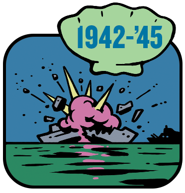 Cartoon of ship exploding in the water, labeled 1942-'45
