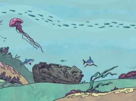 Cartoon of a shipwreck on the ocean floor