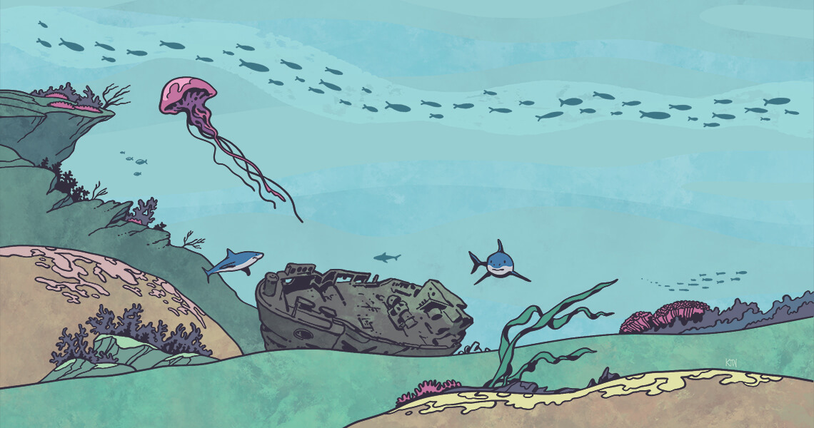 Cartoon of a shipwreck on the ocean floor