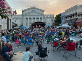 People gather for live music outside the courthouse in Downtown Lincolnton's