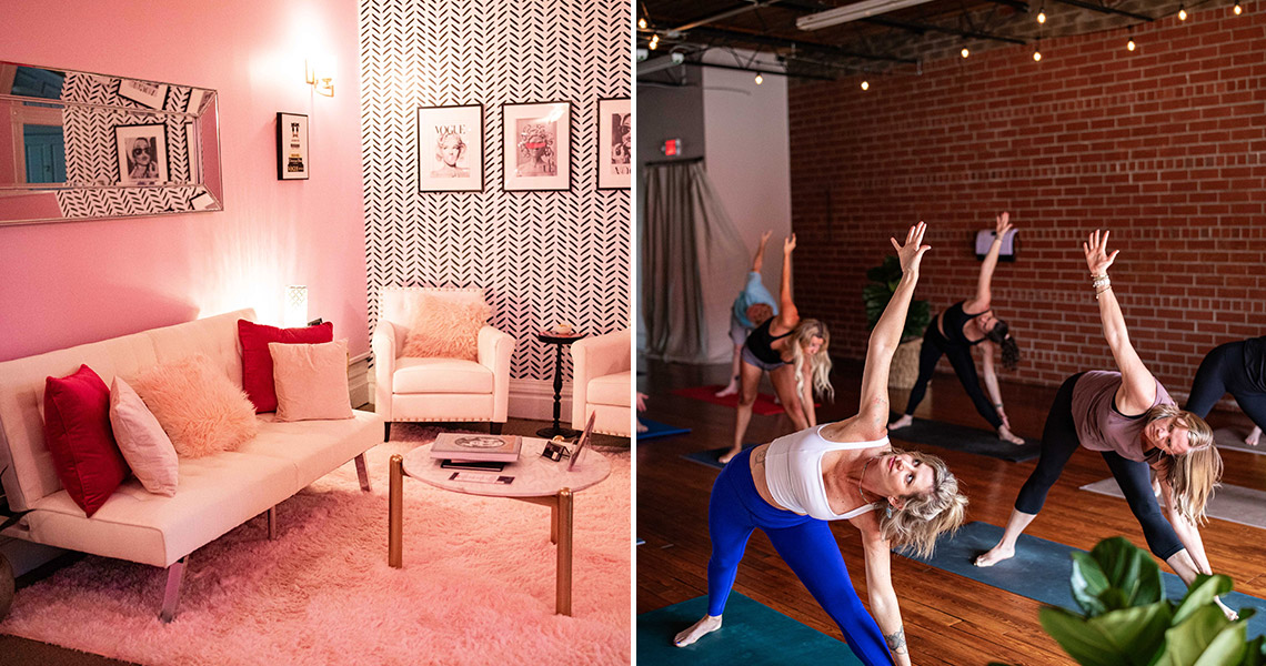 The pink lounge at The Beauty Bar and people practicing yoga at Hot Yoga Newton